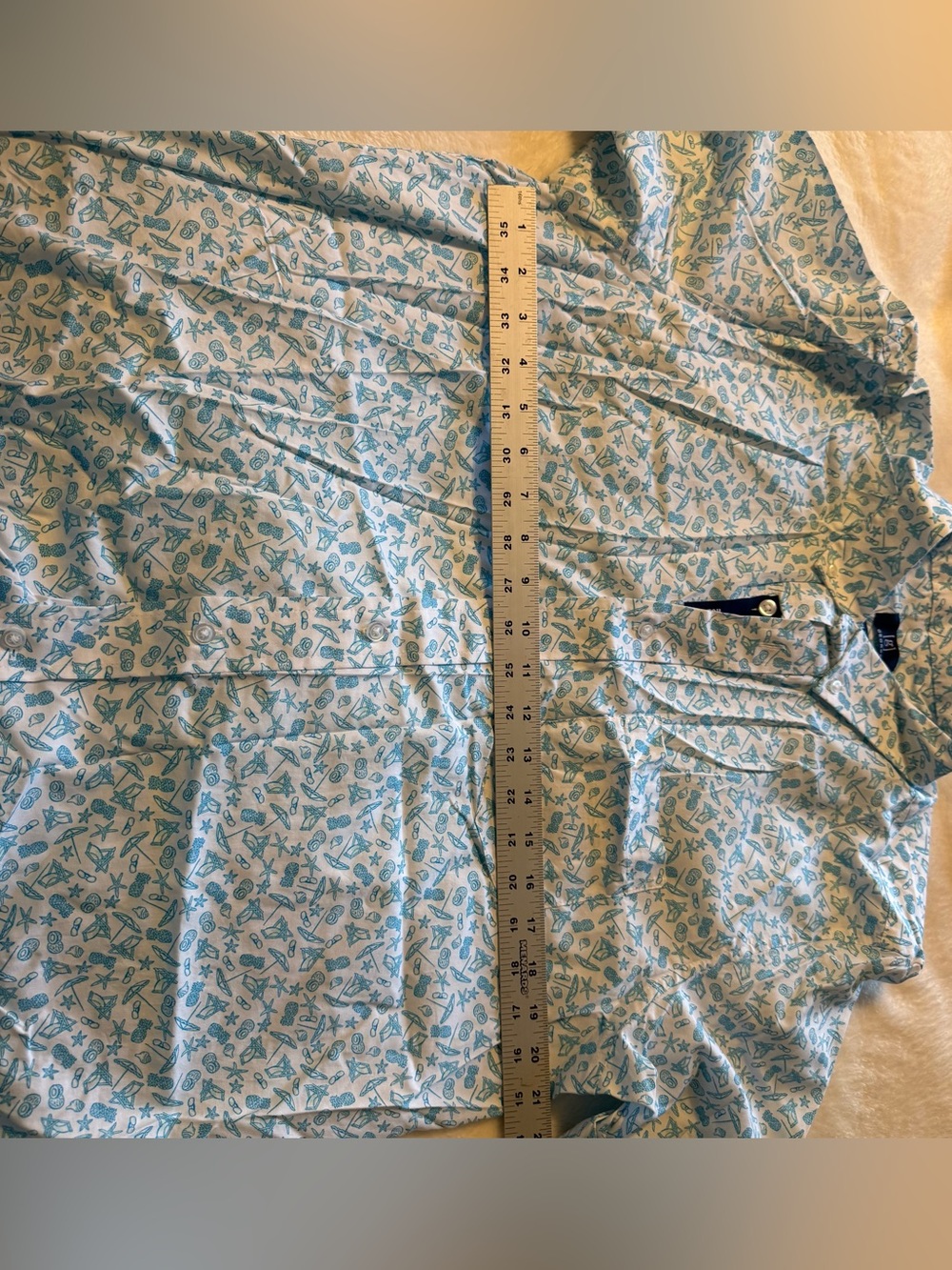 George Short-Sleeve Button-Down Shirt in White & Light Sea Blue Print Large - Picture 4 of 7